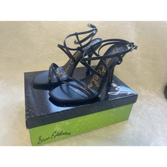 NIB SAM EDELMAN LEEANNE Genuine Leather Black Strappy Stiletto Sandal Heel Sz 8 - Picture 2 of 12